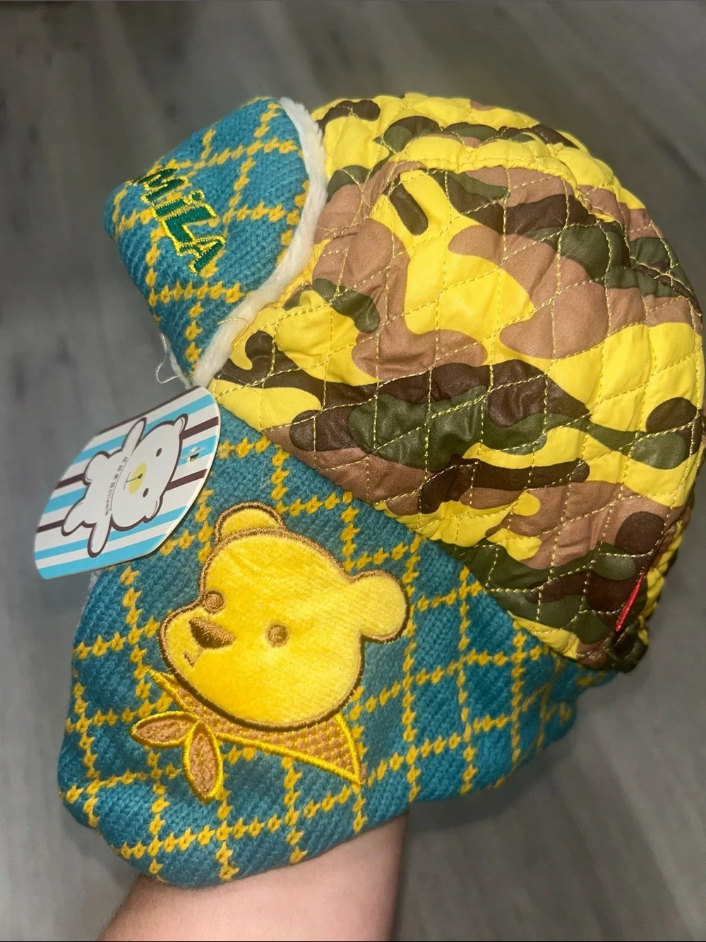 Bila Kids Yellow & Teal Quilted Bear Earflap Hat NWT